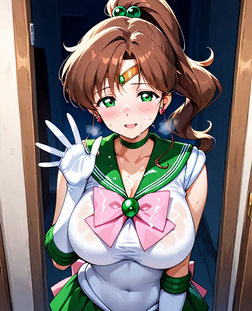 Japanese anime girl ,Moe anime character,sailor jupiter,ponytail hair ,sweat,big breasts, afterglow face , standing , waving , cum on body