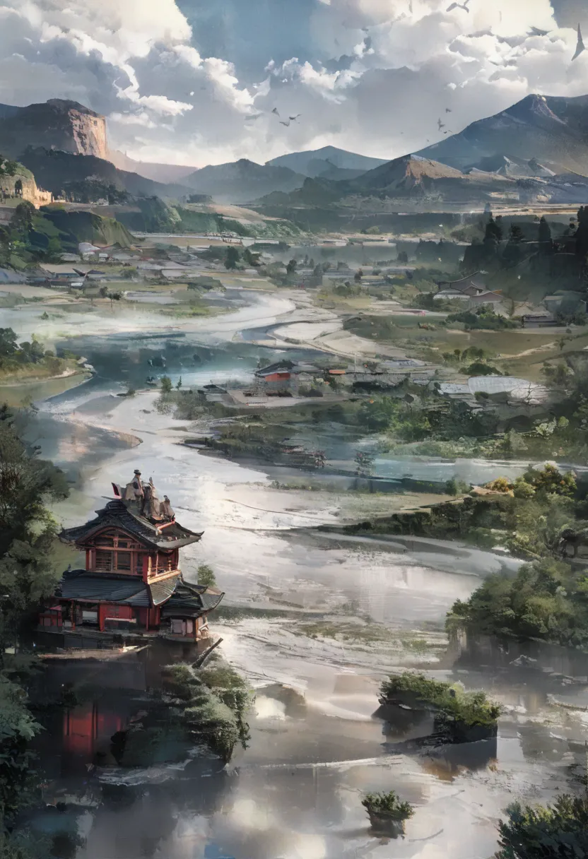 best quality, Characters reflected in close proximity, detailed mysterious scenery spreading to the left, (A river like a snake:1.3), (Japanese vagabond, white hair, traditional Japanese cloth:1.1), Journey, closed eyes, beautiful scenes, full body, panora...