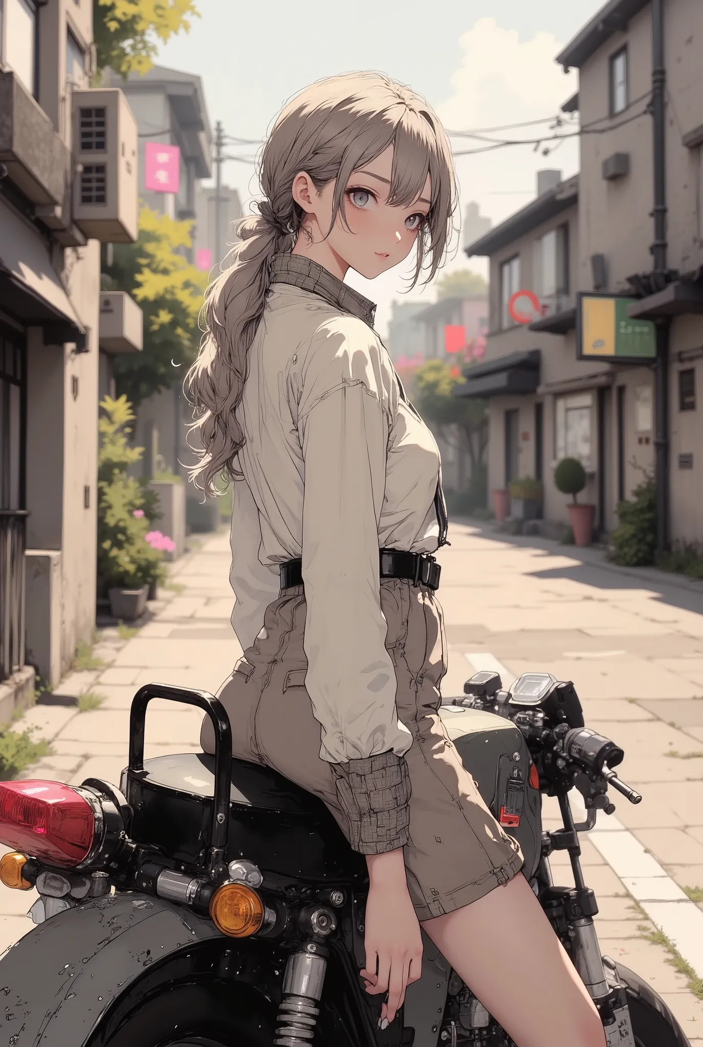 (A girl straddling a motorcycle, looking back at me, smiling and waving, Street Corner in a Japanese Suburb, Motorcycle tail lamp clearly,), profile, Macro, close up shot, 1girl, japanese, blush, High Definition, masterpiece, Accurate, top quality, High De...