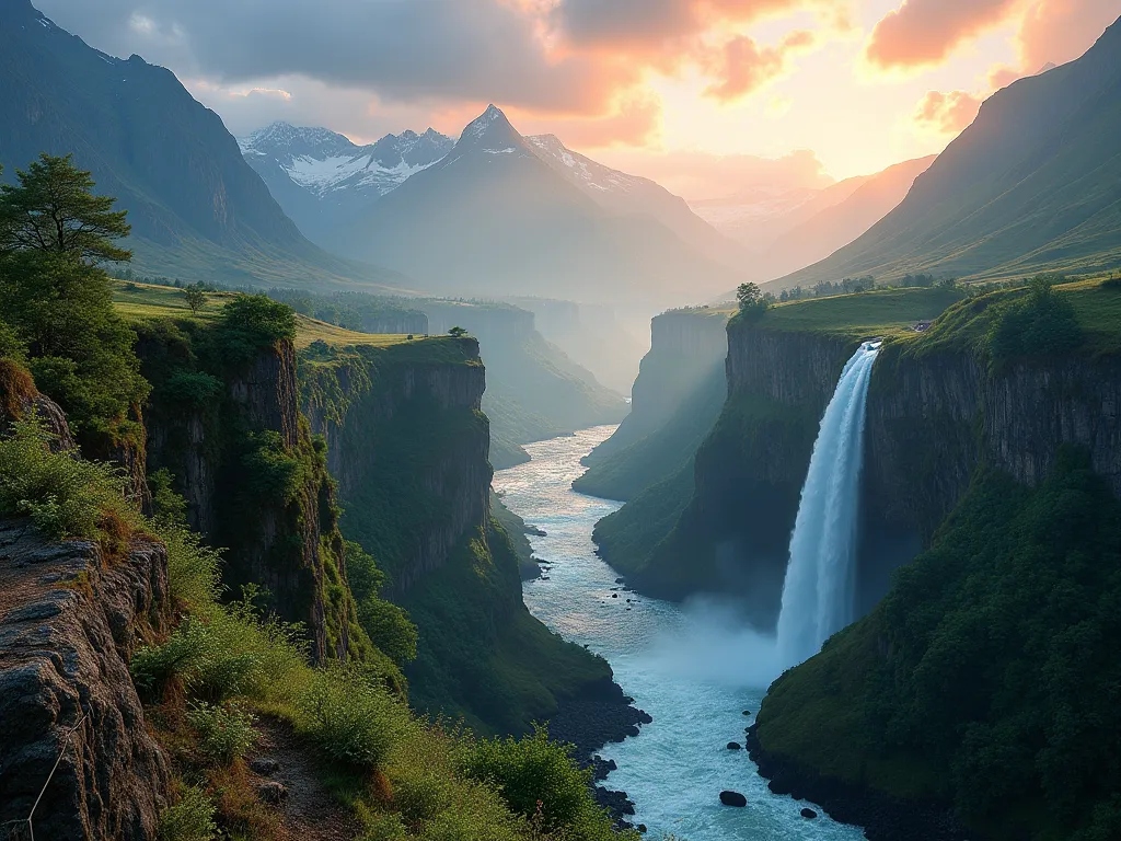 Landscape image most beautiful landscape on the planet,  waterfalls,  mountains , Picture that looks like a photograph, Realistic, interior da china, New Zealand, Swiss Alps, Ireland, rural Italy, Brazil, could be with sunrise, Or sunset, beautiful exubera...