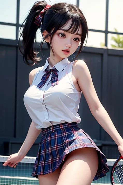 uncorrected、 no panties、braless、big breasts、from below、black hair ponytail、masterpiece、big eyes、white sleeveless blouse、red ribbon、blue tartan plaid pleated skirt、The skirt is super micro mini length、skirt is visible、blush、ashamed、tennis court、Face with tr...