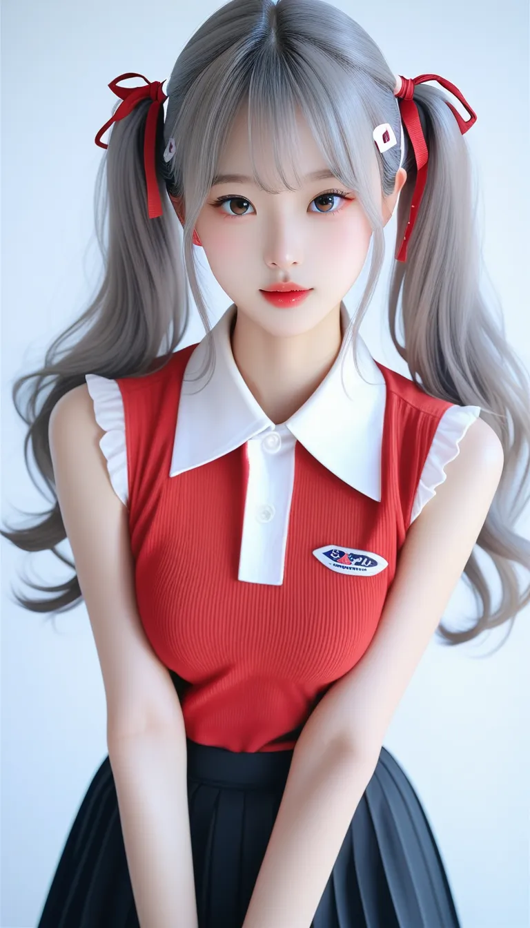 Korean girl, masterpiece, perfect anatomy human, anatomically correct, adult girl, 1girl, (solo), cute, detailed eyes, ultra-detailed eyes, finest eyes, long hair, twintails, pigtails, gray hair, brown eyes, medium breasts, sleeveless collared shirt, skirt...