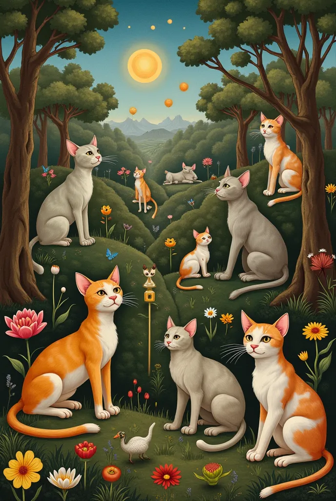 The Garden of Delights by El Bosco with all the characters in the painting starring Bosco-style cats. minimalista 