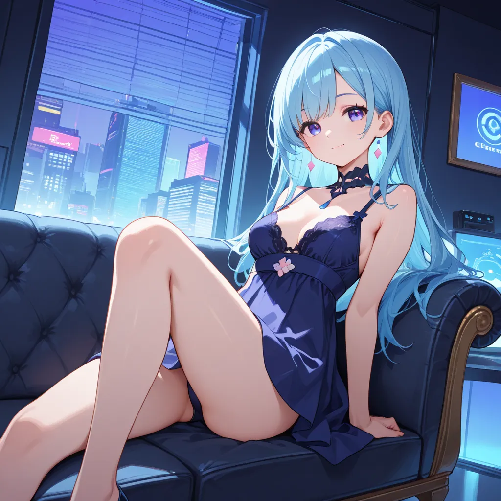 An anime girl with an elegant appearance sits on a stylish sofa in elegant underwear. She looks relaxed, with a light smile and a calm pose. The atmosphere around is neon — soft blue and purple lights create a futuristic, but the cozy setting. Her hair is ...