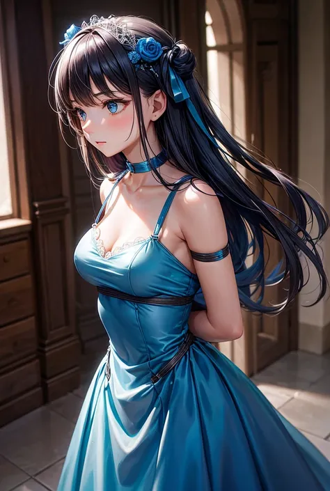 Young woman in a blue dress with arms tied behind back, bondage 