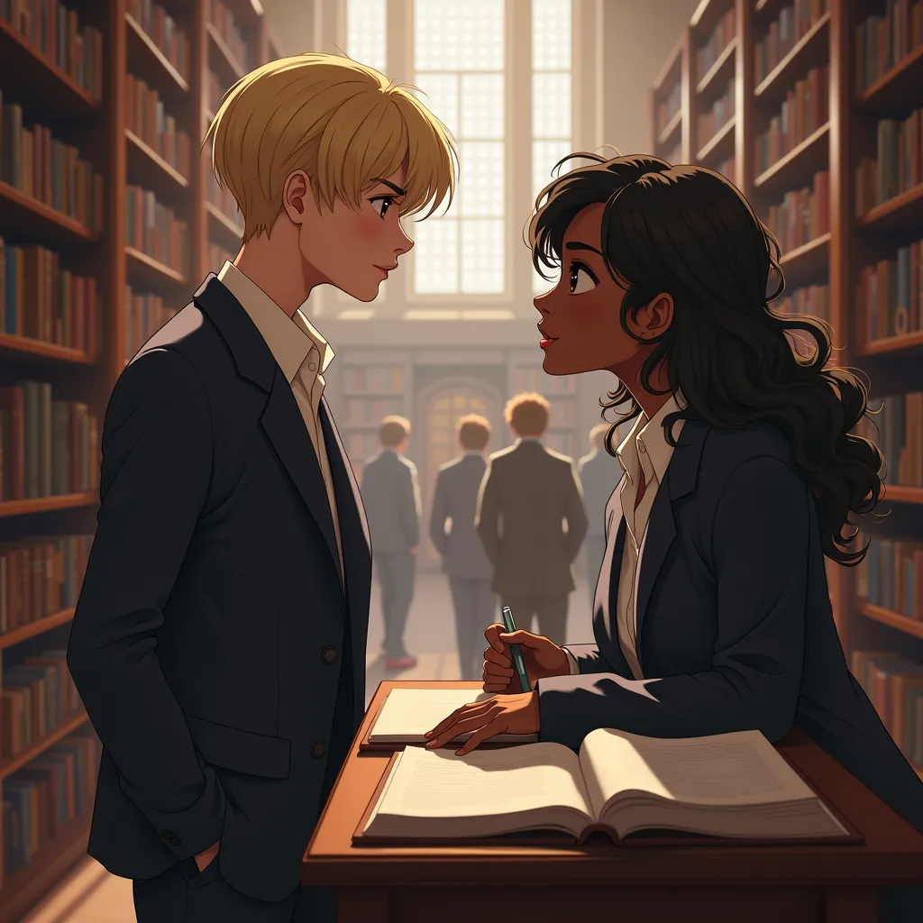 two students, (short blonde hair)  And the other one is standing(Brown skin and black hair , both are in a university library