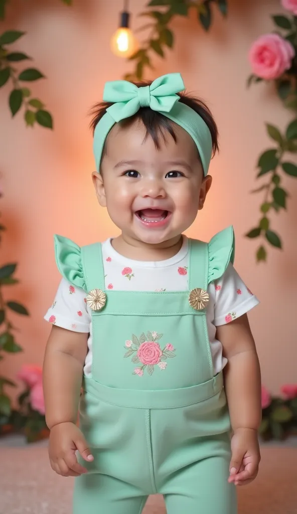 A smiling baby dressed in a pastel mint romper adorned with subtle rose embroidery and ruffled straps, paired with a white top showcasing small rosebud prints. A matching mint bow headband ties the look together. She stands against a romantic, garden-inspi...