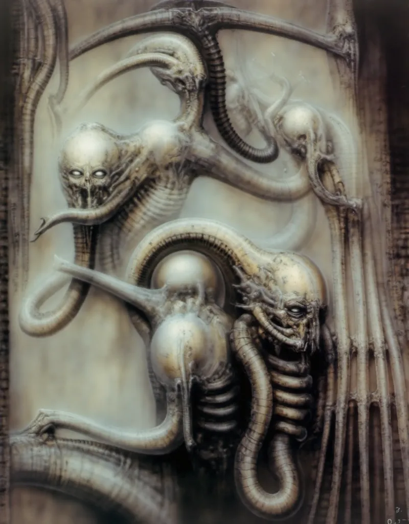 Please reproduce the original image as accurately as possible, capturing the intricate details of the biomechanical structures, the dramatic lighting, and the overall sense of unease. Find and enhance depiction of Giger's demons and creatures.(best quality...