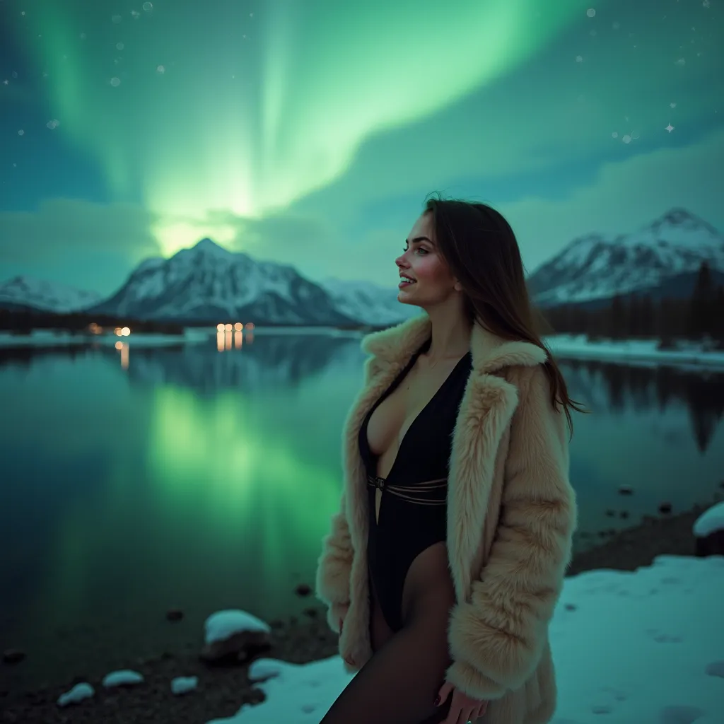 standing posing, happily looking at the Northern Lights. Norway. In the background there is a lake (REALISTIC) and mountains with snow. She is wearing a short beige fur coat. VERY sexy black bodysuit, VERY low cut and VERY hollowed out. Black pantyhose. Be...