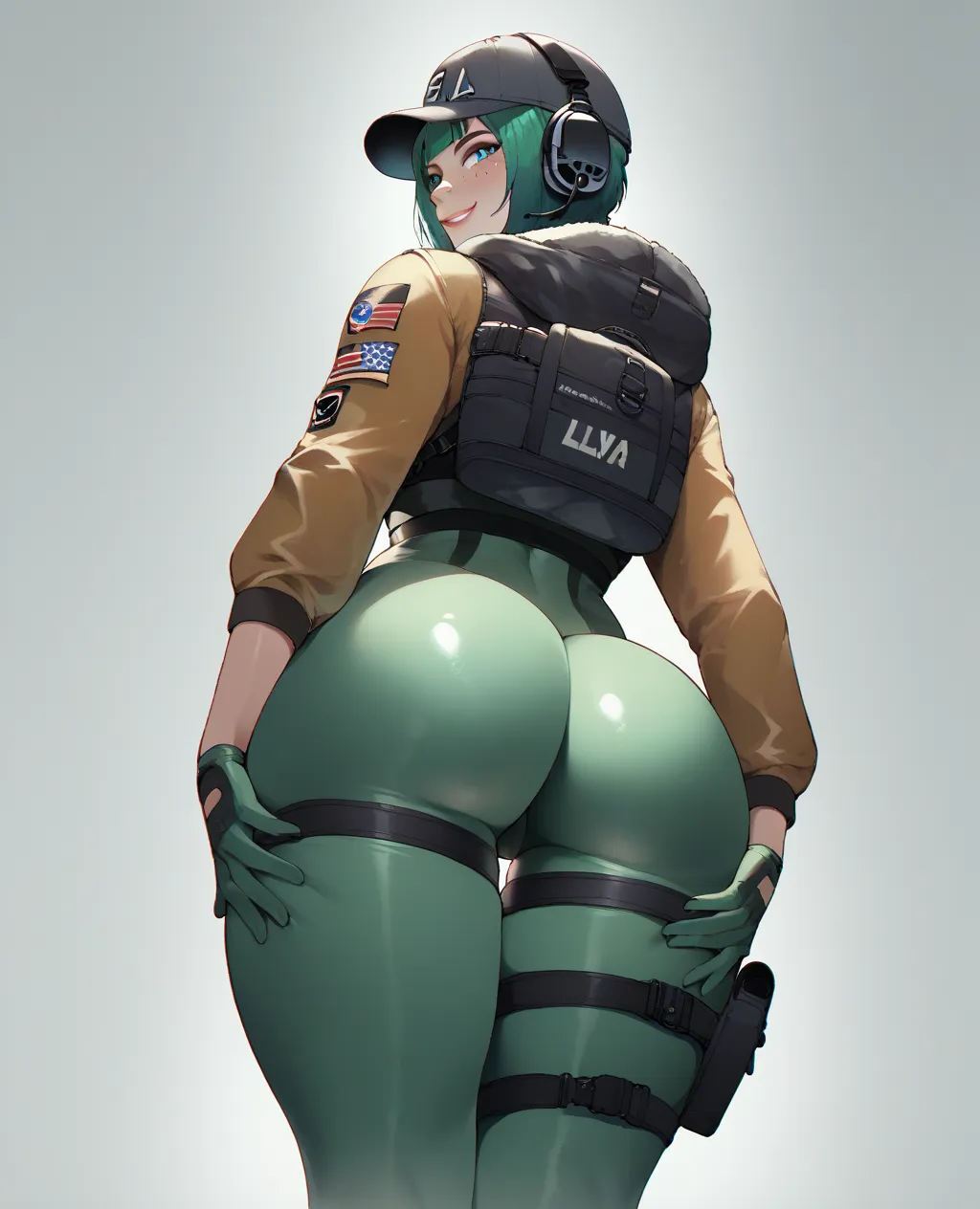 score_9, score_8_up, nsfw, score_7_up,derpibooru_p_95, rindou, masterpiece,   (very wide hips:1.1), thick thighs,1girl, ela,Ela, ela elite \(Rainbow Six Siege\),ela, ela \(Rainbow Six Siege\, ElaSDXL, black baseball cap, goggles, green hair, blue eyes, hea...