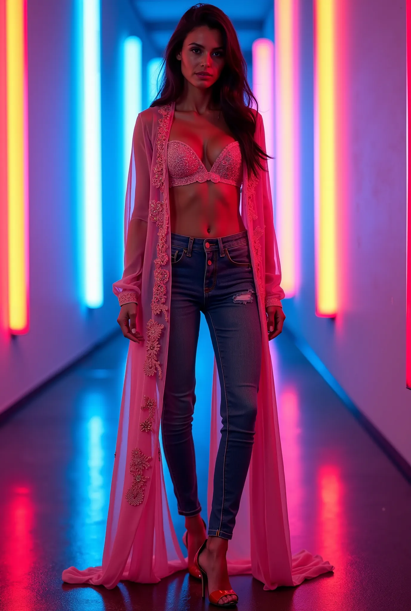 "She stands confidently under neon lights, draped in an open chiffon abaya with intricate embroidery flowing effortlessly on both sides, revealing a sleek, form-fitting pair of jeans. Her glossy high heels add a daring touch, while the ambient lighting hig...