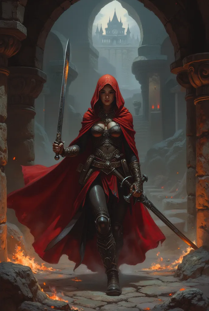 Within the dimly lit corridors of an ancient stronghold, a warrior cloaked in a vibrant red emerges, exuding a aura of mystery and strength. The sword she holds is not merely a piece of metal, but a testament to the countless battles she has braved. Embers...