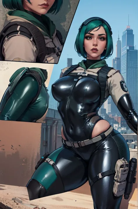 beautifulgorgeous, black latex suit,  (curvy), beautiful cityscape, milf, masterpiece, best quality, extreme detail, 8k, image sharpness, ela_(rainbow_six_siege), masterpiece, best quality, 1girl, solo, green hair, realistic, short hair,(insanely detailed,...