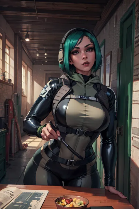 beautifulgorgeous, black latex suit,  (curvy), beautiful cityscape, milf, masterpiece, best quality, extreme detail, 8k, image sharpness, ela_(rainbow_six_siege), masterpiece, best quality, 1girl, solo, green hair, realistic, short hair,(insanely detailed,...