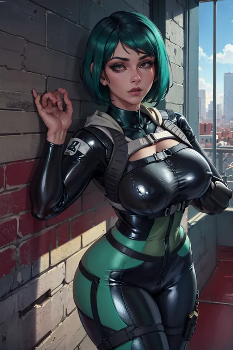 beautifulgorgeous, black latex suit,  (curvy), beautiful cityscape, milf, masterpiece, best quality, extreme detail, 8k, image sharpness, ela_(rainbow_six_siege), masterpiece, best quality, 1girl, solo, green hair, realistic, short hair,(insanely detailed,...