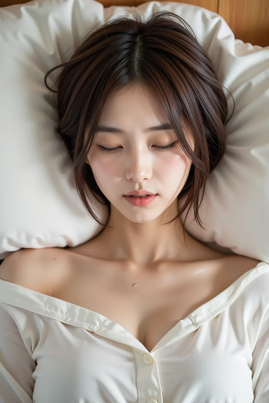 High quality,4K,Super Details,realistic,Professional grade  ,Bokeh,An Asian woman,lying on the bed,Surrounded by pillows ,20 years old, spitting her tongue slightly ,closes her eyes softly,Supine, short messy hair ,Cardigan, pretty young Korean woman , The...