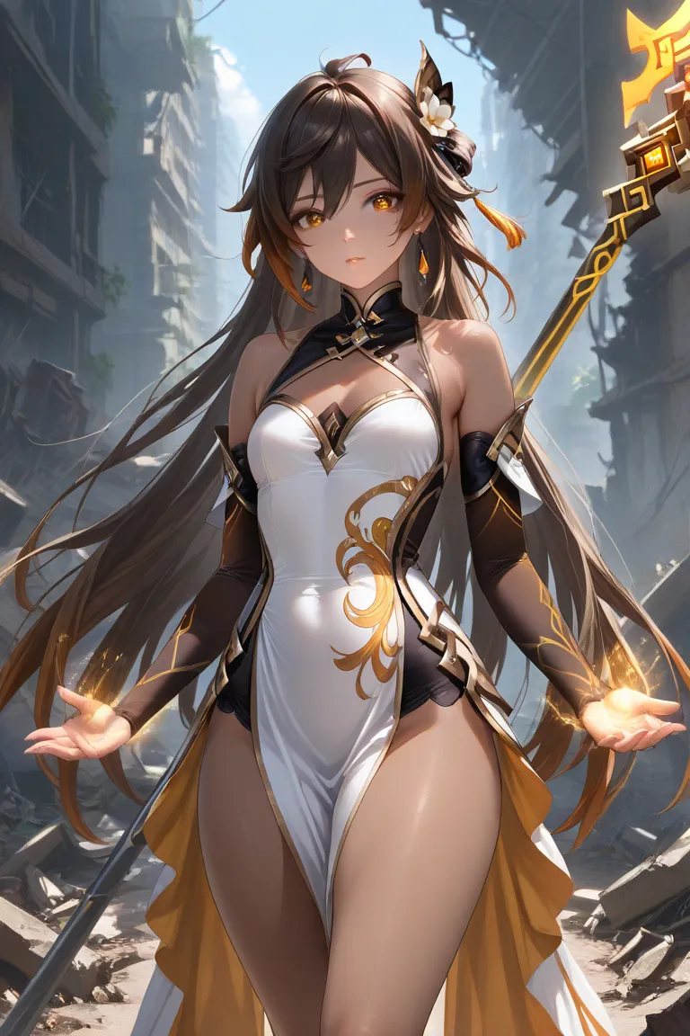 (thighs, 8k, masterpiece :1.3), beautiful young woman with perfect figure and long hair :1.4,  Zhong Li , Zhongli, dark brown hair, inflated chest, impacto genshin, in ruins, In the hands of a magic spear, Face and dark skin and very detailed, Realistic, d...