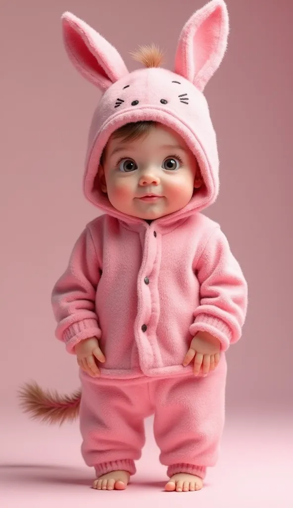 Baby in pink donkey clothes
standing 