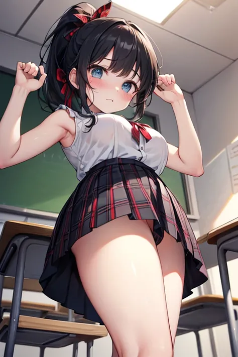 uncorrected、 no panties、braless、big breasts、from below、black hair ponytail、masterpiece、big eyes、WHITE SLEEVELESS BLOUSE、red ribbon、blue tartan plaid pleated skirt、The skirt is super micro mini length、can see the inside of the skirt、blush、ashamed、 troubled ...