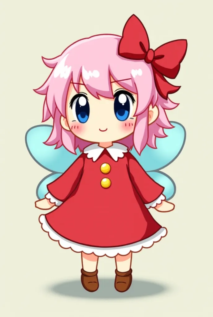  tiny fairy with dark blue eyes and rosy cheeks. She has light pink, messy shoulder-length hair. Her clothes consist of a large red ribbon in her hair a long-sleeved red dress with two golden buttons and a frilly white collar, white cuffs, and a pair of sm...