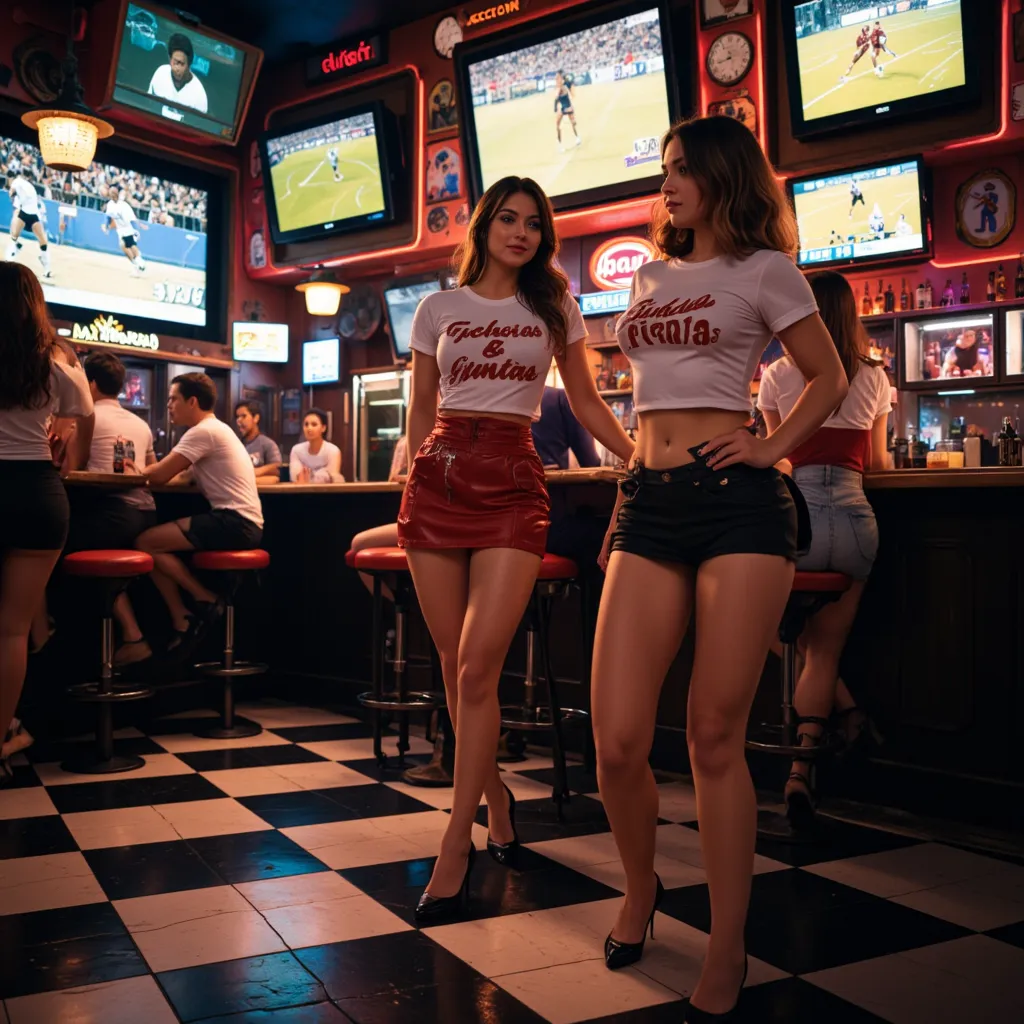 
Make me a 70s-inspired sports bar with screens on the walls, a black and white checkered floor, and sexy waitresses in skirts and T-shirts that say "Ficheras & Fintas."