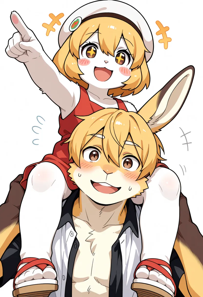 1girl, 1boy, (furry, kemono:1.4), rabbit girl, animal nose, rabbit ears, rabbit boy, animal nose, rabbit ears, pointing, shoulder carry, hat, open mouth, carrying, smile, shirt, :d, golden hair, red dress, white headwear, brown eyes, sandals, sweat, white ...