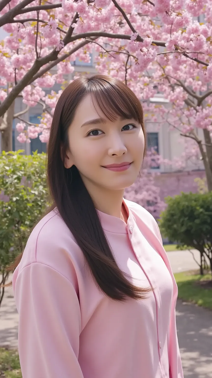 natural light、cherry blossoms in full bloom、A girl in a gorgeous evening dress standing in front of the university gate、美しいFemale College Student、very detailed official artwork、Realistic 3d style、 surreal、(Smile like a smile)、beautiful girl、Attractive Appe...