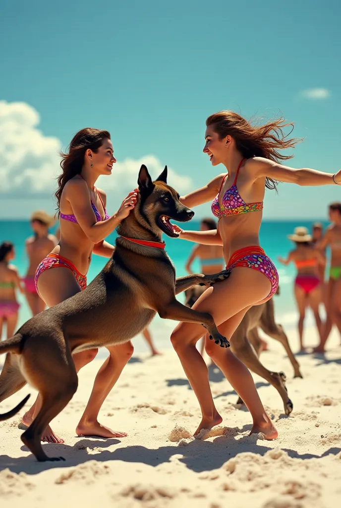 Women at a beach party, dancing and in a brutal dog