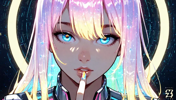 score_9, score_8_up, score_7_up, source_anime, 1girl, solo, face focus, detailed eyes, long hair, vibrant colors, finger on lip, detailed background, multicolored hair, holographic, holofoil glitter, faint, glowing, ethereal, neon hair, glowing hair, long ...