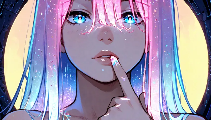 score_9, score_8_up, score_7_up, source_anime, 1girl, solo, face focus, detailed eyes, long hair, vibrant colors, finger on lip, detailed background, multicolored hair, holographic, holofoil glitter, faint, glowing, ethereal, neon hair, glowing hair, long ...