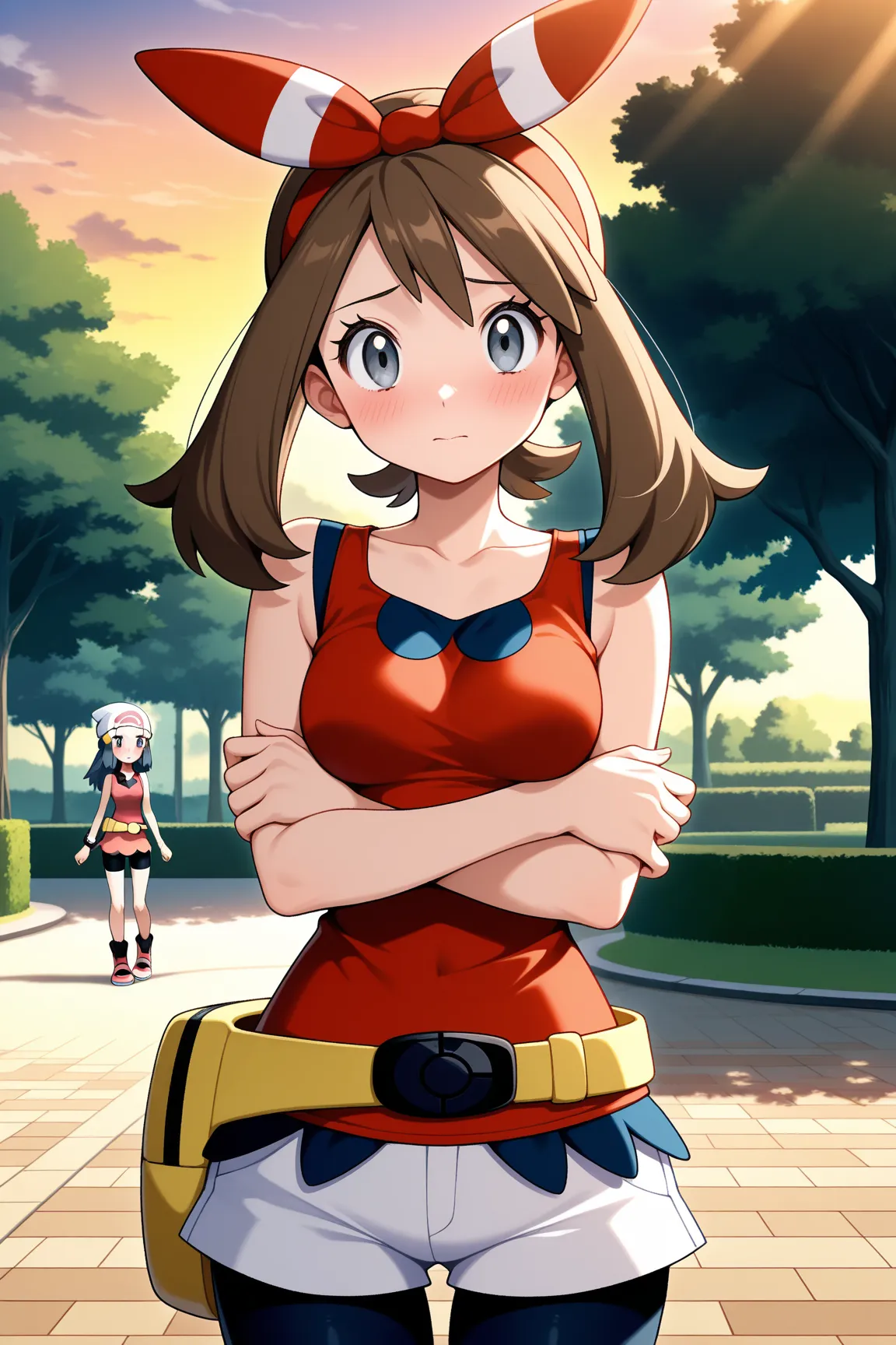 masterpiece,best quality,amazing quality,absurdres, 2girls, Dawn (Hikari) ヒカリ / Pokemon, aadawn, long hair, blue hair,blue eyes,  small breasts,  anime screencap,  , may_(pokemon),  aamay, brown hair, bow hairband, red hairband, grey eyes, breasts, collarb...