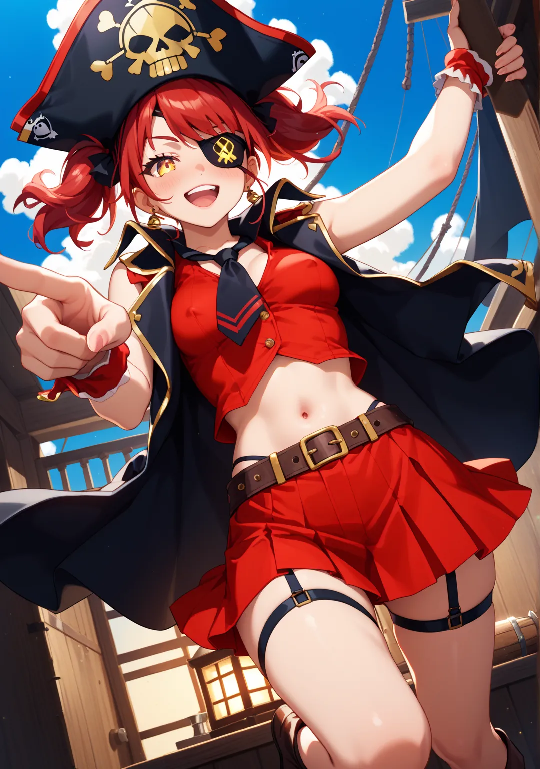 nsfw,1 girl, sleeveless,  RED TIE,black cloak,pirate,    red hair color   ,   straight hair  ,   yellow eyes, On board,  ,pirate帽,full body, miniskirt, sleeveless, short skirt, ,,pirate船, Twin Tails,{Black eyepatch},pirate,  red clothes,  wear a hat at an ...