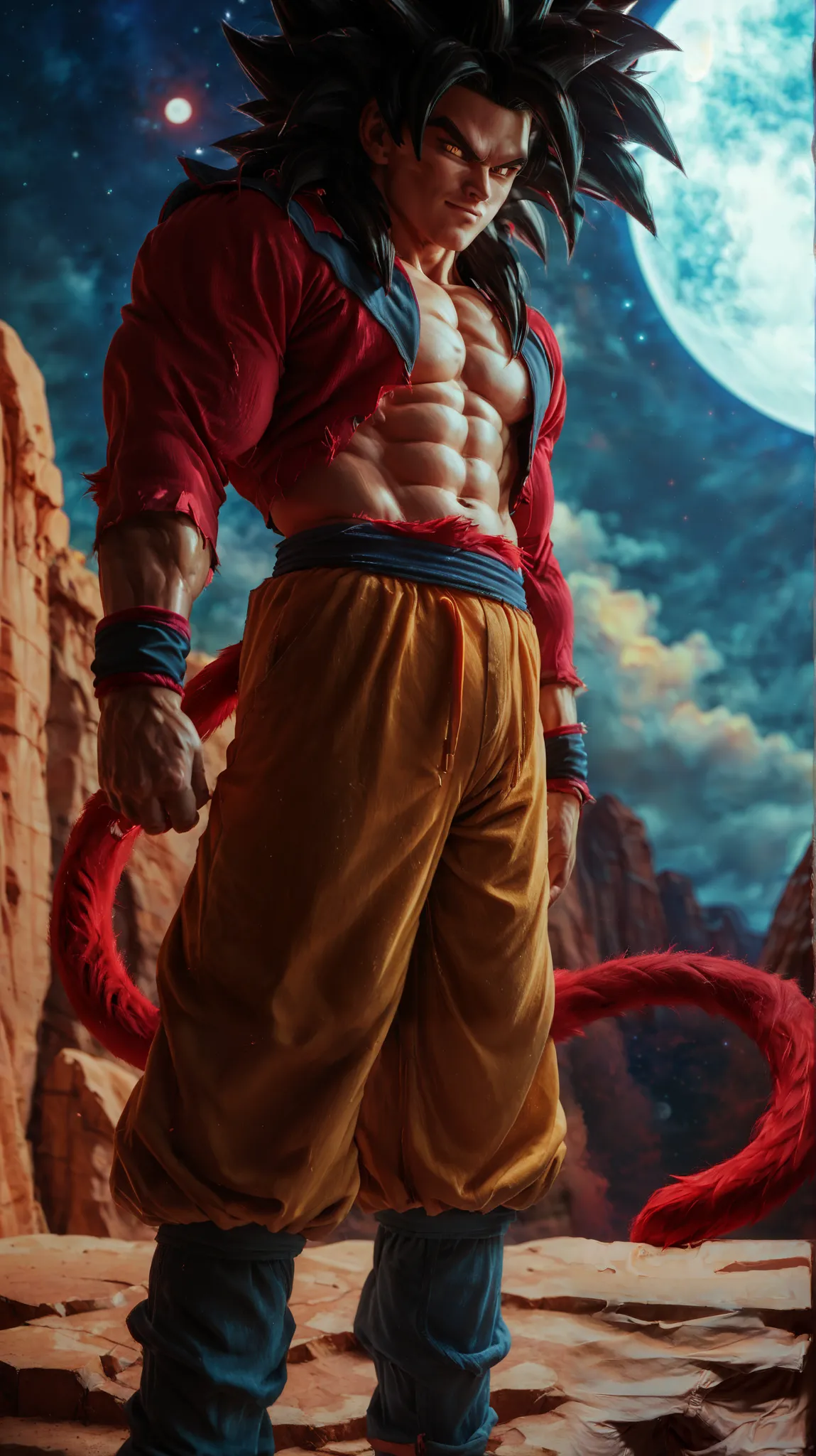 zzGokuSSJ4, yellow eyes, black hair, spiked hair, super saiyan, body fur, red fur,  tail, wristband, pants, looking at viewer, cowboy shot, scifi background, giant moon, starry sky,  ,  