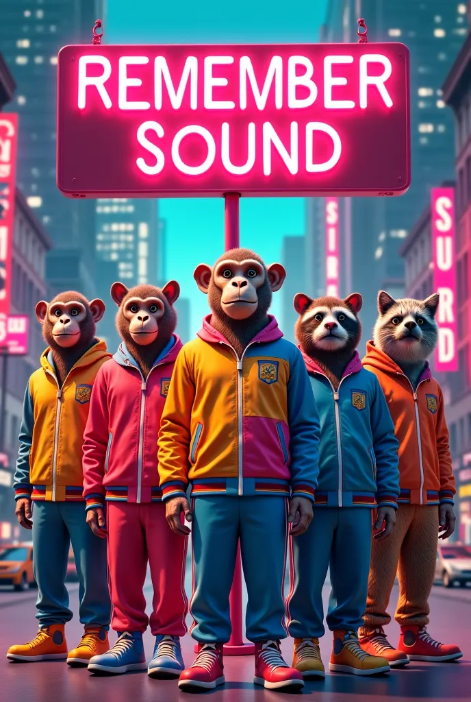  poster of animals dressed in tracksuits from the 90s and a sign that says Remember Sound 