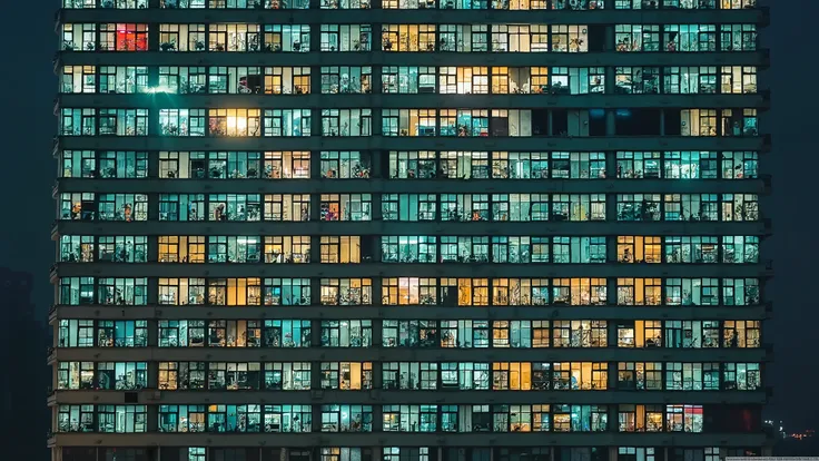 they completely fill the frame. panorama of windows.Thousands of windows of an apartment building in Hong Kong.Hyper-Deetailed, Cinematic Still from a Futuristic Sci-Fi Film Set in the Heart of Hong Kong. The Scene Captures a Towering Apartment Building, I...