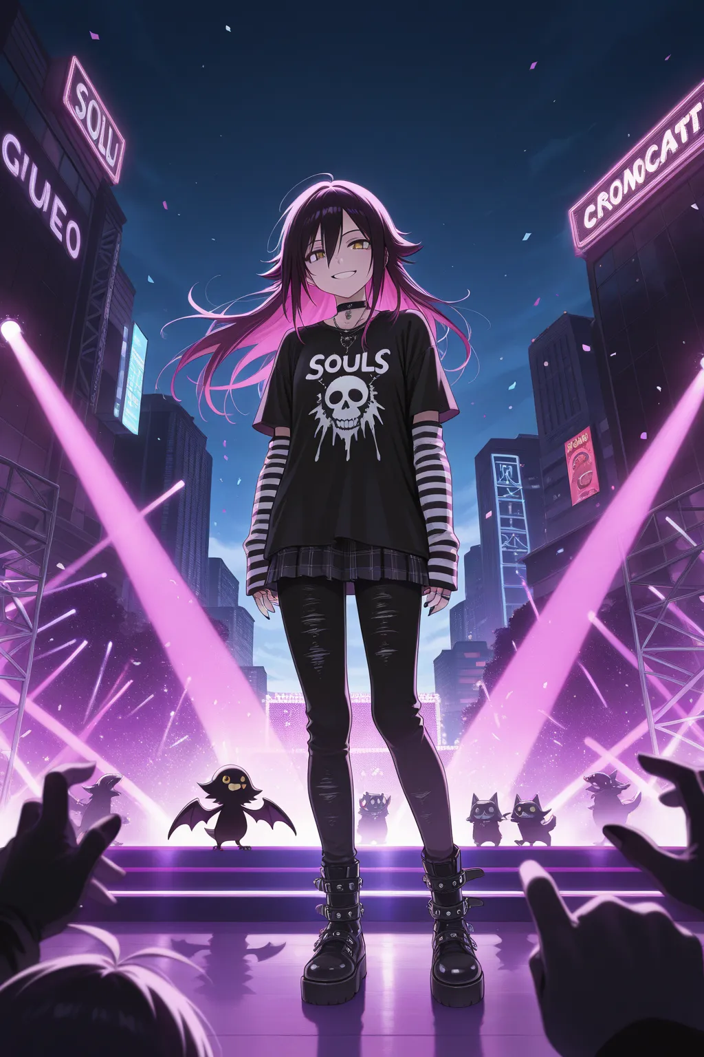 masterpiece, best quality, amazing quality, newest, very aesthetic, 1girl, yoruichi \(bleatch\),smile,emo,singer, (emo:1.2), souls \(creature\), on stage, outdoors,crowed,party, abdurdres, anime screencap