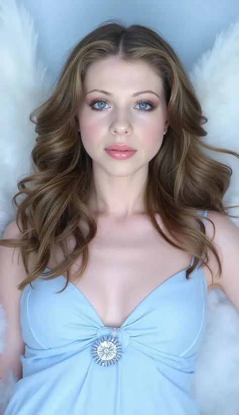 This is a beautiful photograph of a woman, Michelle Trachtenberg, light brown hair styled in soft waves that cascade over her shoulders. wearing a light blue dress. like an angel, between the clouds