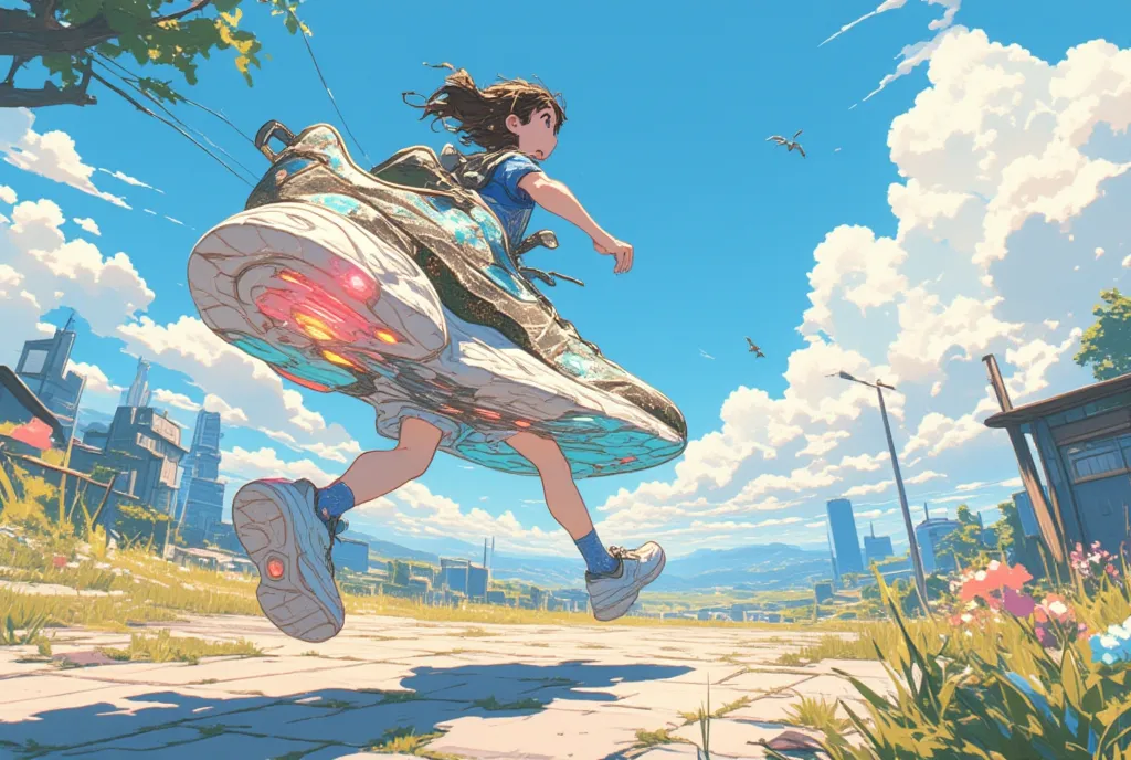 deformed, kawaii, frilly socks, Using the sneaker-shaped time machine, the wearer experiences the sensation of traveling through time by simply running. The surrounding scenery shifts as if flowing, and past and future landscapes appear one after another, ...