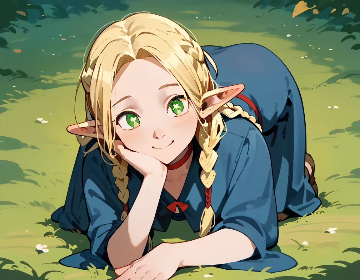 1girl, best quality, [masterpiece], from the waist up, twin braids, red choker, marcille donato, bright pupils, green eyes, parted bangs, blonde hair, elf, soft smile, blue robe (in all fours, laying in the ground)