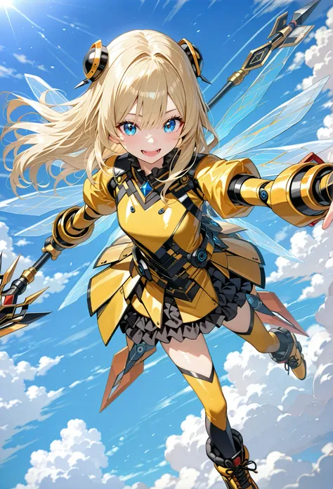 view from above,Beautiful girl cosplaying as a bee,(loli:0.3),blonde long hair,laughing,thin,holding a large, weaponized, honey-colored, spear or wing-like structure. The woman's attire consists of a form-fitting, bright yellow bodysuit with black accents,...