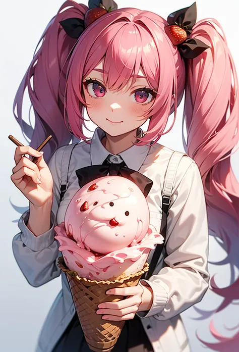 Make what strawberry ice cream would look like if it were a human girl instead of ice cream,with pink hair with an ice cream texture with strawberries in the hair and a chocolate tail on top,not anime style