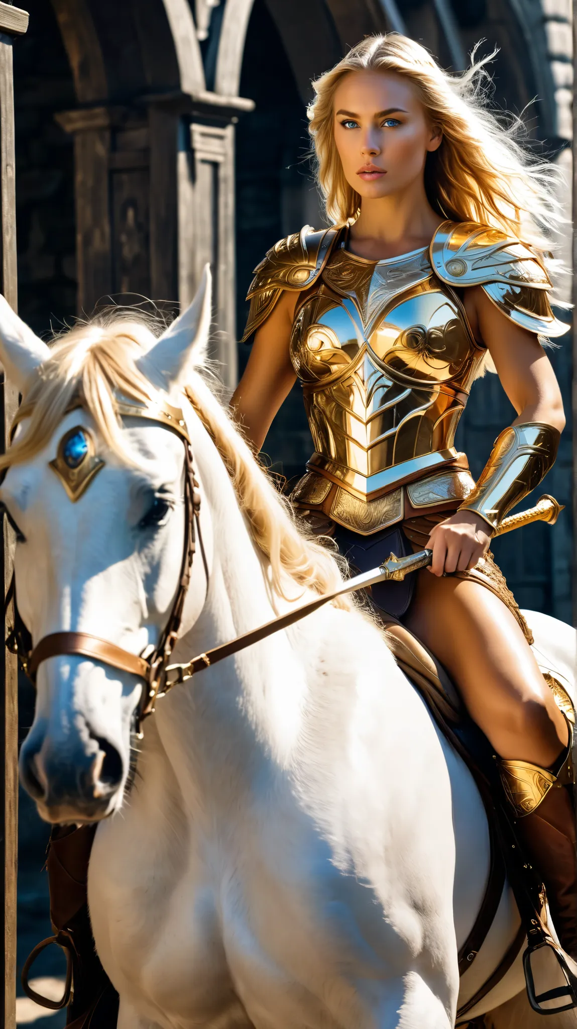 Beautiful woman, dressed as a golden warrior Valkyrie, riding a horse, perfect body, big breasts, tanned skin, blonde hair, blue eyes, lightproof, European features, full body, crossing the gates of Valhalla