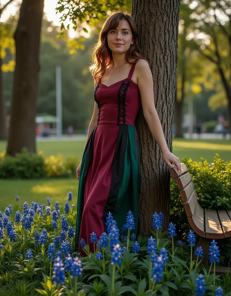 A candid yet refined photograph of a young woman with warm brown hair, slightly wavy at the ends, falling freely over her shoulders. She has expressive hazel-green eyes that add warmth and depth to her appearance.

She wears an eye-catching dress with a fi...