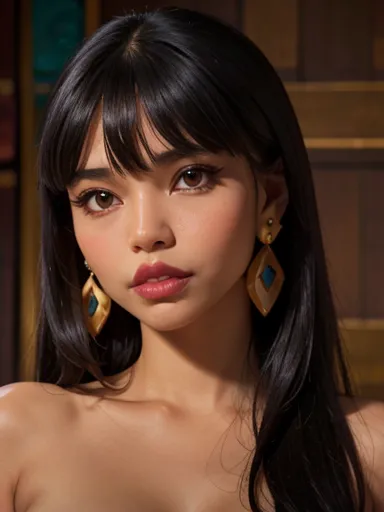 An indigenous woman, NSFW, lush curves, voluptuous, Brown Leather , very long black hair with bangs, cute face and full lips, gold jewelry and earrings, huge bust , and perfect details in HD high resolution,  wallpaper