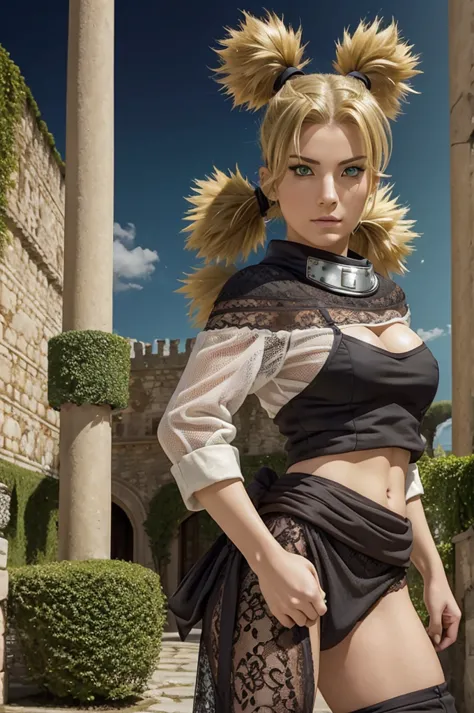 1 italian woman, break: blonde, dark green eyes, half up hairstyle with pigtails, temari reference, detailed face, tall , hot woman , strong body woman, armored, lace style, background in garden of castle
