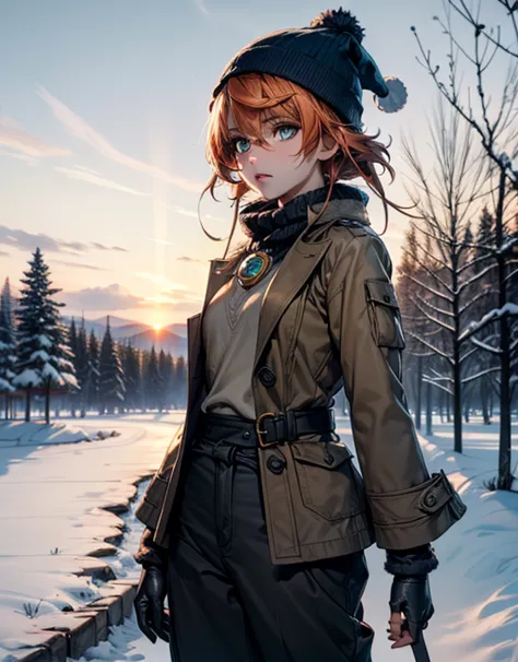 1girl, solo, best quality, beautiful fingers, orange hair, royal blue eyes, open eyes, tanned skin, freckles, short hair, low twintails, small breasts, (holding orange), looking at viewer, fantasy, clothed, knit hat, nordic pattern, sweater, coat, long pan...