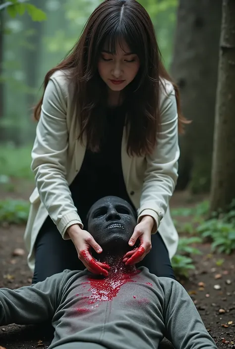 Realistic, A Very beautiful woman, cut throat a boy, boy full face mask close, neck bloody splash, neck slashed, throat contents, boy dead, woman knife, woman very thick hair, woman dress, woman rich beauty, boy hoodie, woman kill boy