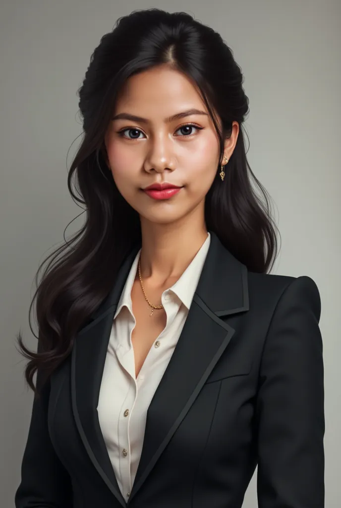 A business woman wearing formal attire, a headshot photo with plain background, some are black and white, also make it realistic and detailed. She is a Filipina with long hair