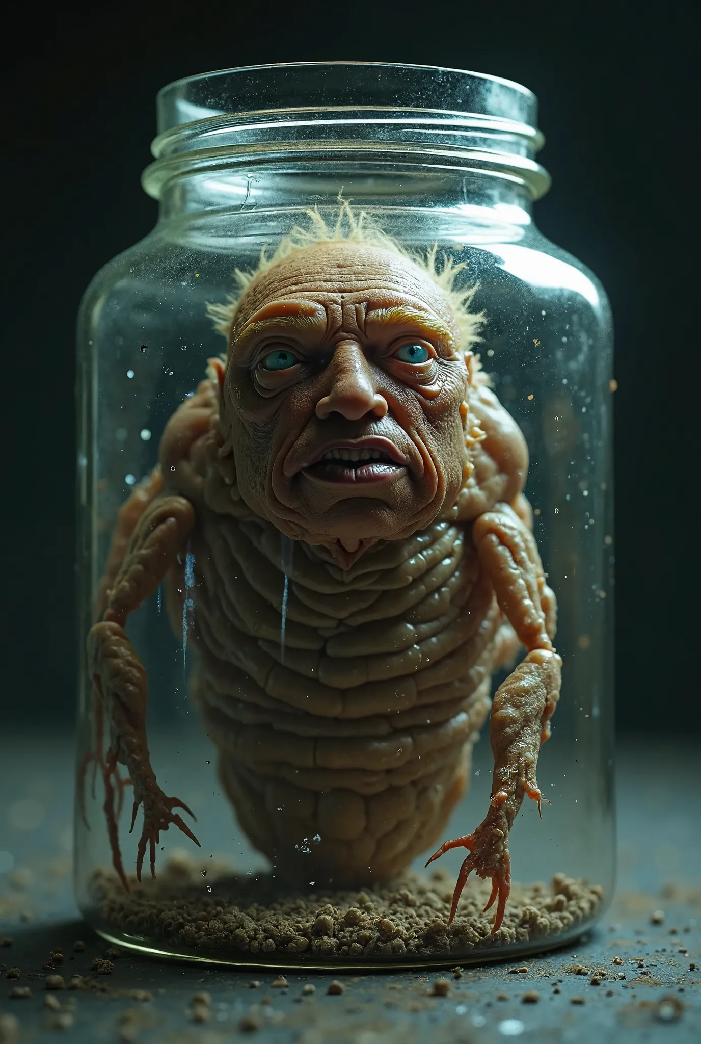 A nightmarish, hyper-realistic 4K cinematic render of a surreal bio-mutant: a massive brown larva with the disturbingly detailed head of Donald Trump, locked inside a cube-shaped glass jar. Its human-like skin stretches awkwardly over its grotesque form, w...