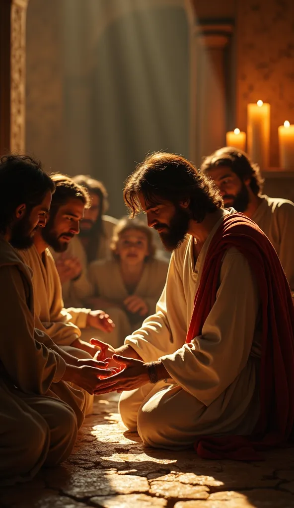 "Jesus washing the feet of his disciples, a symbol of humility and love, in a warm, candlelit room."
